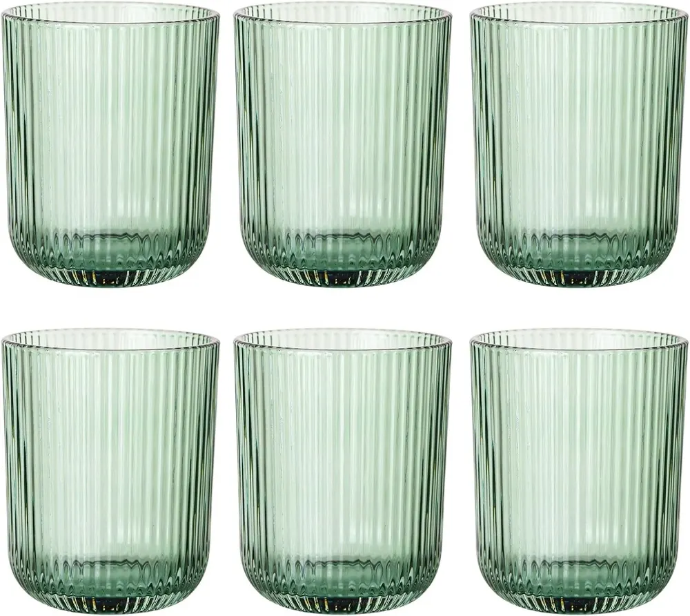 Vintacicle Green Ribbed Highball Glasses, Set of 6 (8.5oz)