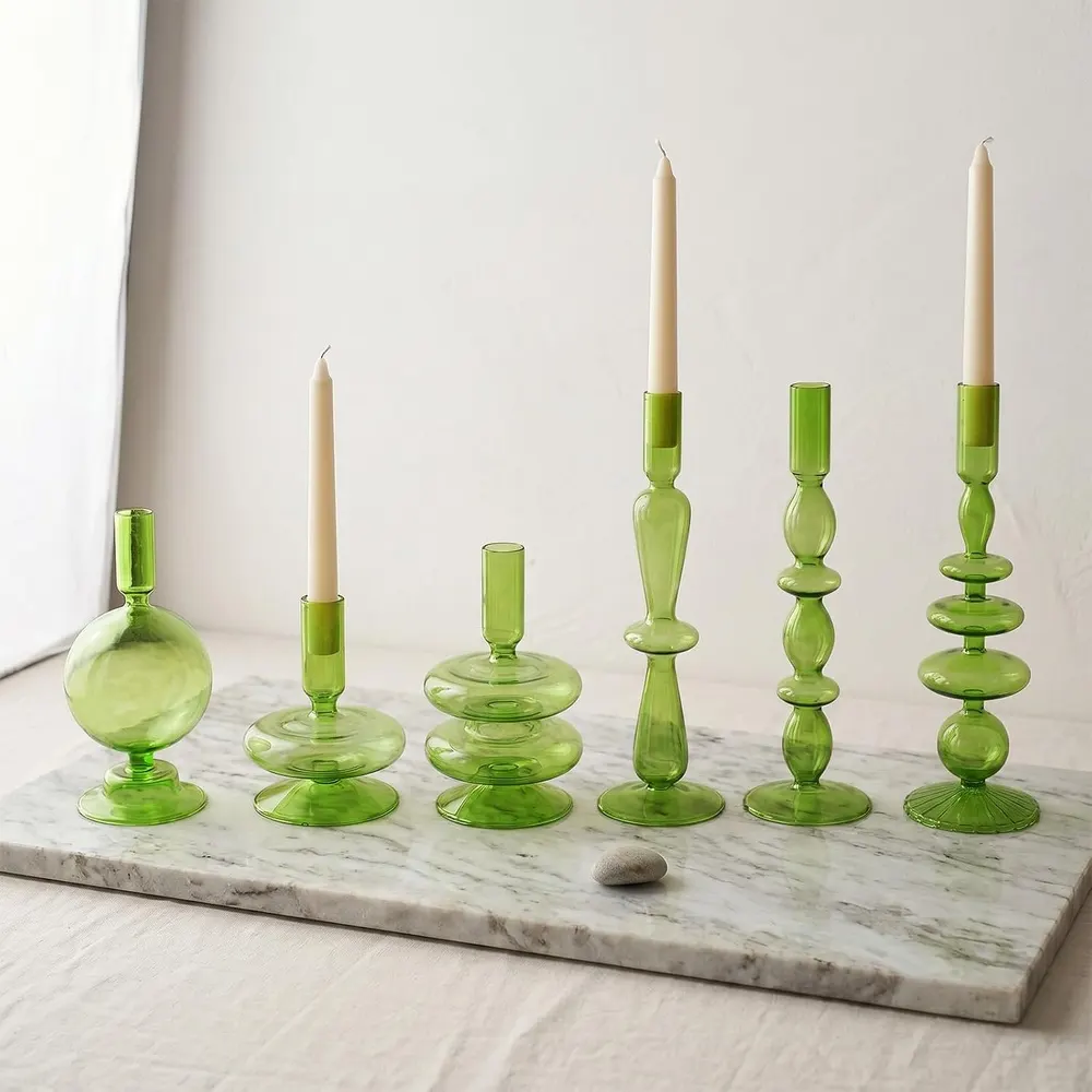 GEFEDESUL Glass Candlestick Holders, Green Wavy Boho, 6-Pc Set