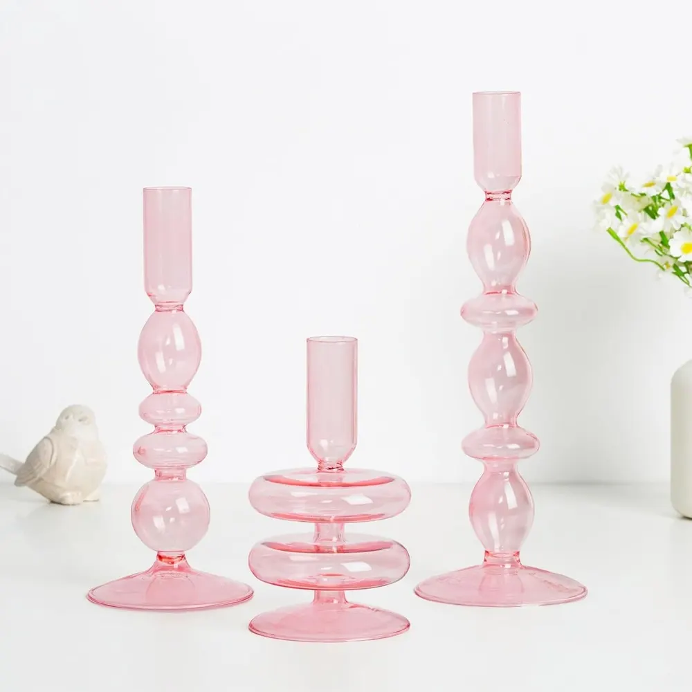 Hewory Pink Glass Candle Holders, Hand-Blown, 3-Pc Set