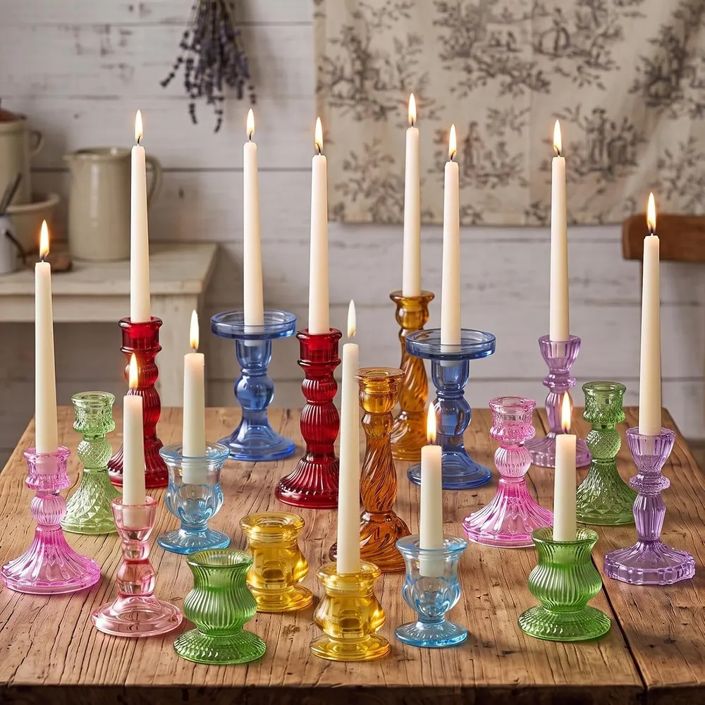 Mumufy Glass Taper Candle Holders, Assorted Colors, 20-Pc Set