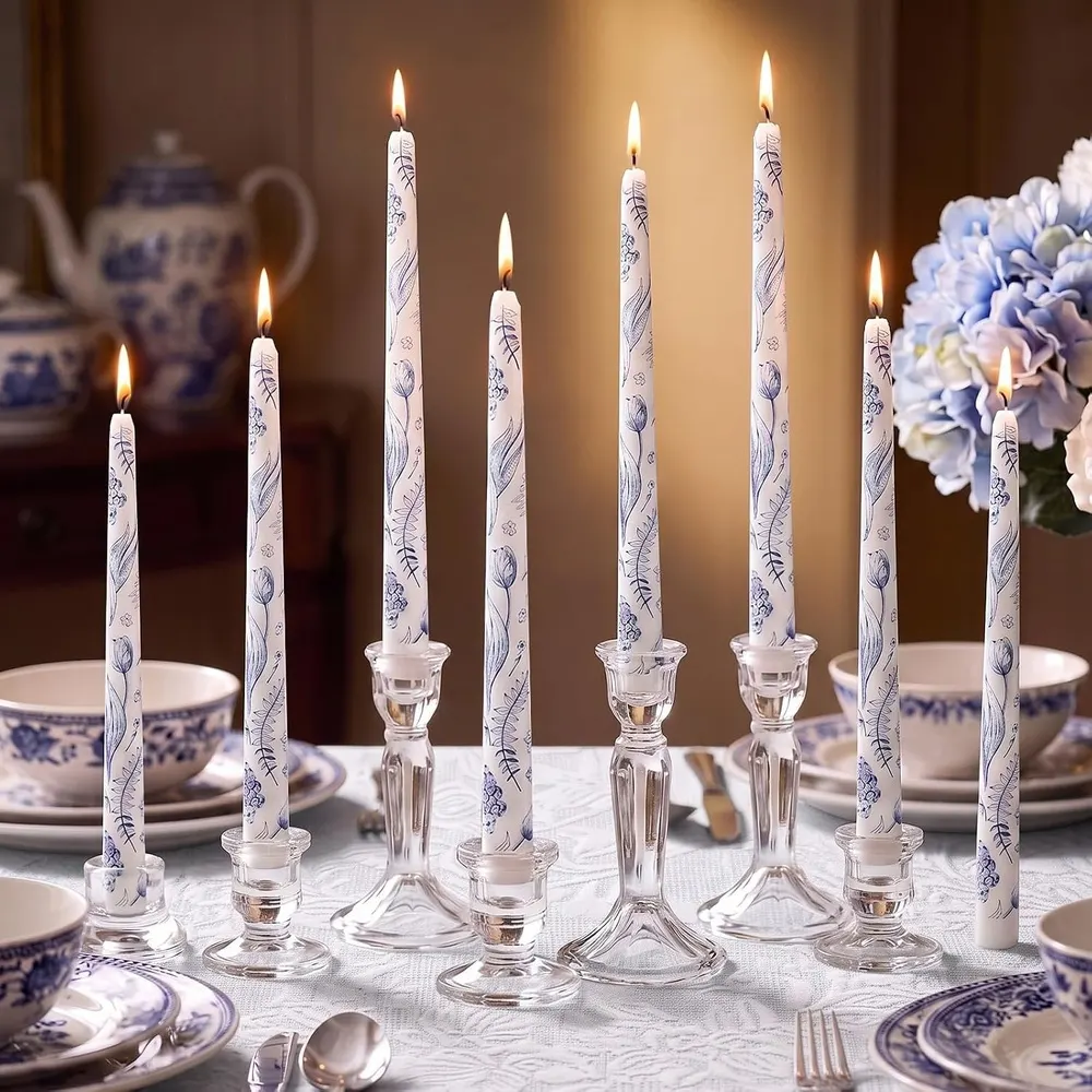 Conelist Chinoiserie Taper Candles, 12-Pack (Blue and White Floral)