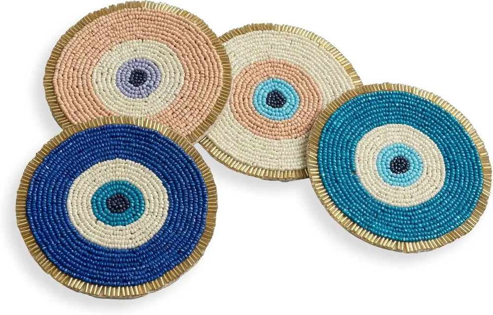 Folkulture Boho Evil Eye Beaded Coasters, Set of 4