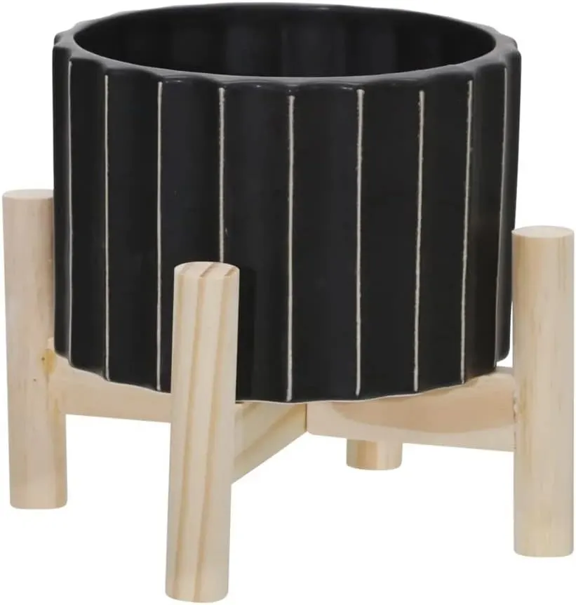 Ceramic Planter with Elevated Wood Stand